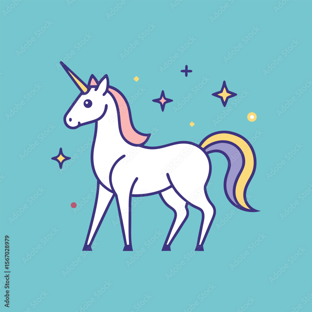 Obraz premium Thin line unicorn vector with sparkles, elegant minimal outline design, magical fantasy creature illustration on clean white background