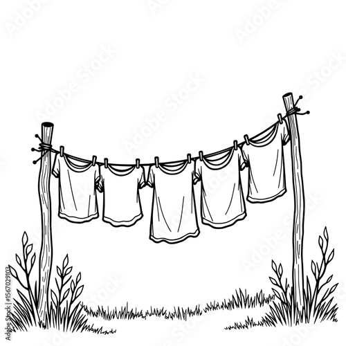 Organic Cotton Clothes on Laundry Line, Eco-Friendly Drying Illustration