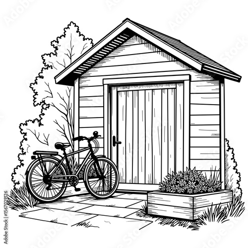 Bicycle at entrance with wooden planter box, eco-friendly transport option
