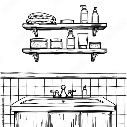 Bathroom with wooden shelves and refill glass jars, eco-friendly zero waste living