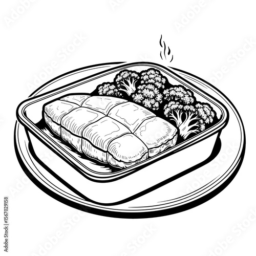 Steamed fish and broccoli in container, healthy meal coloring page