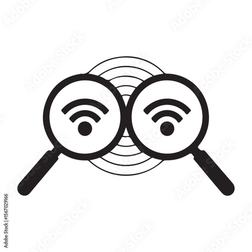Two magnifying glasses are focused on a wi fi signal symbol with concentric circles indicating signal strength
