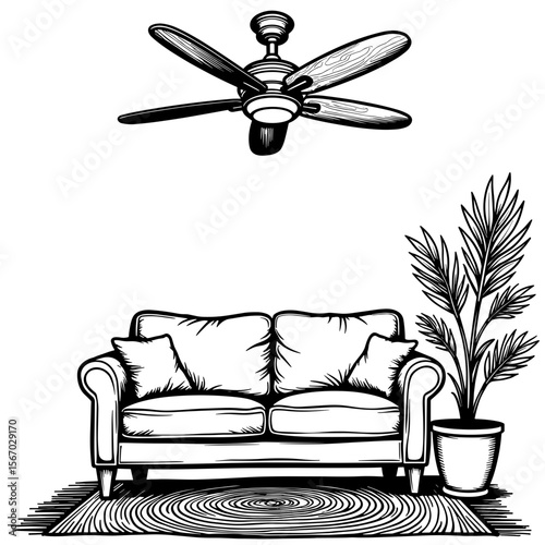 Black and white ceiling fan over couch and rug, sustainable home design outline