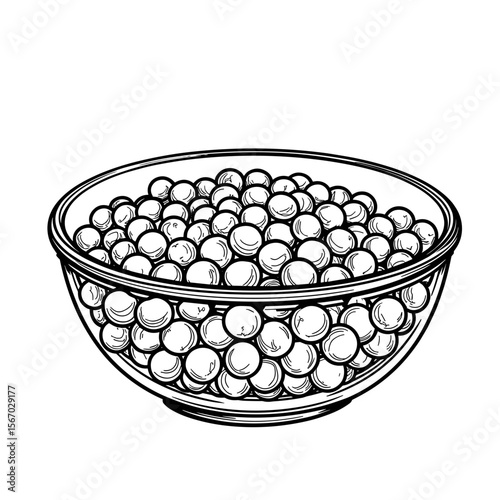 Glass bowl with chickpeas – Black and white coloring page, protein meal illustration