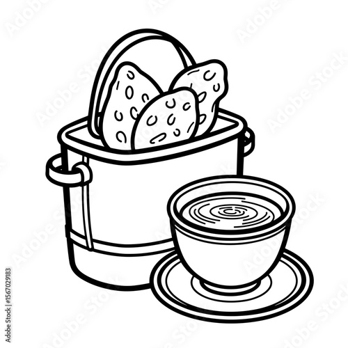 Thermal bag with soup and flatbread in black and white outline, comfort food illustration