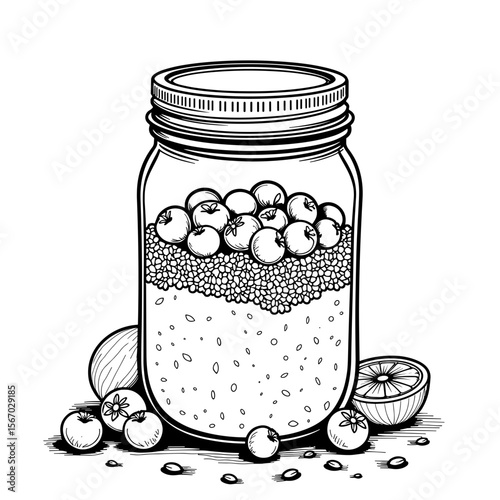 Black and white jar of overnight oats with fruits and seeds, healthy breakfast