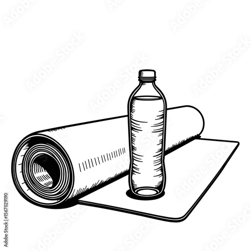 Yoga mat and water bottle illustration, simple fitness routine setup