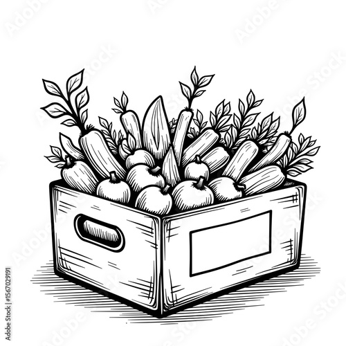 Box of fresh vegetables and herbs, healthy cooking outline drawing