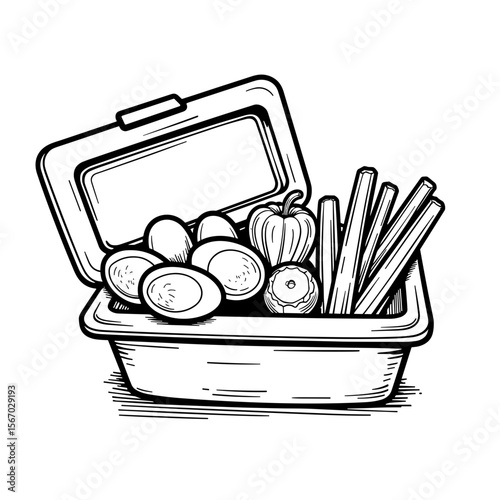 Reusable lunch box with eggs and vegetable sticks, healthy snack outline illustration