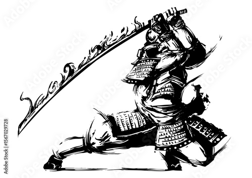 Samurai in Low Stance – Sumi-e Ink Art