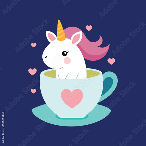 Cute unicorn sitting in teacup with small hearts, minimalist cartoon illustration, magical animal clipart for kids and nursery decor