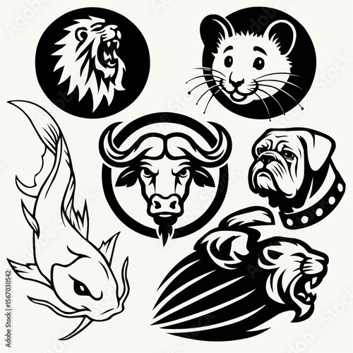  A collection of vector icons featuring various animal and dog head designs in a colorful, playful style