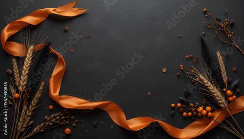 Elegant Autumn Flat Lay with Orange Ribbon & Wheat – Dark Background

