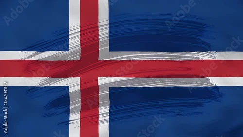 Iceland flag with painterly brush strokes on blue background featuring red cross for patriotic and artistic design concepts