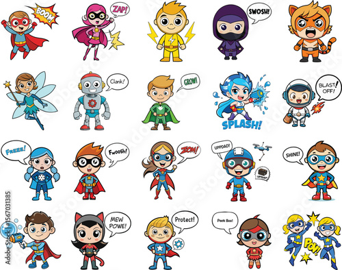 Cute Superhero Kids Vector Pack – Cartoon Child Heroes with Speech Bubbles