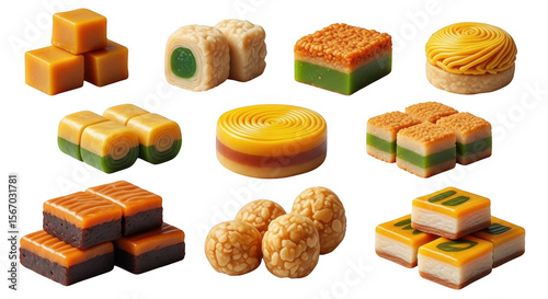 A Colorful Assortment of Traditional Asian Sweets and Desserts, Celebrating Cultural Heritage and Culinary Delights, isolated on a transparent background