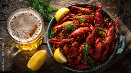 Freshly boiled crawfish served in a rustic bowl with lemon wedges, dill, and a frosty mug of beer on a wooden table, capturing the essence of seafood feasting and summer dining