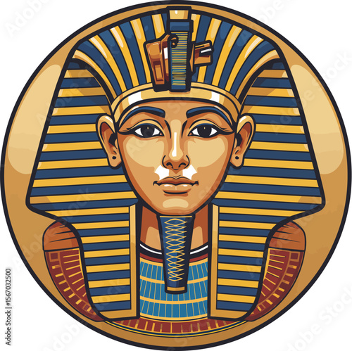Golden ancient Egyptian queen mask sculpture with tribal symbols and carved eyes