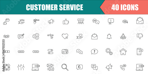 40 Customer Service Line Icons – Editable Stroke Vector Set Featuring Support Agent, Live Chat, Rating, FAQ, Feedback, Review, Headphones, Helpline, Call Center, Client Satisfaction Symbols for Websit