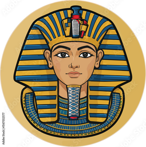 Retro vector artwork of an Egyptian queen pharaoh with a shield and flag, in a cartoon woodcut style