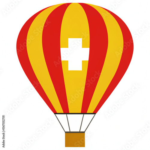 Swiss National Day hot air balloon with Swiss flag, yellow-red aerostat icon, festive holiday vector.
