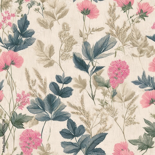 Seamless Floral Pattern with Pink and Blue Flowers