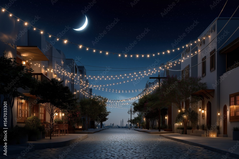 Naklejka premium Tranquil evening street with festive string lights and crescent moon under starry sky