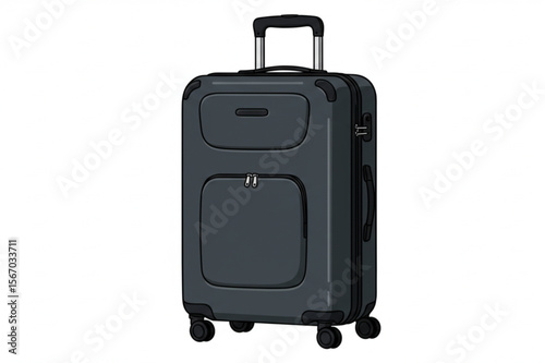 Suitcase graphic in dark gray showcases travel luggage with retractable handle and wheels, suitable for airport travel and baggage design.
