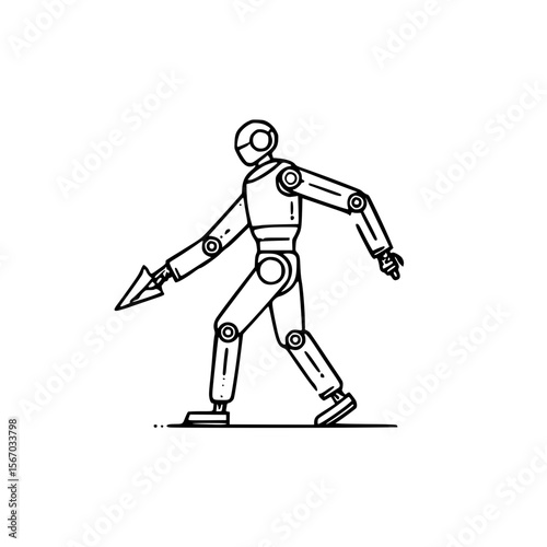 Robot figure walking with a tool illustration on a minimal white background copy space