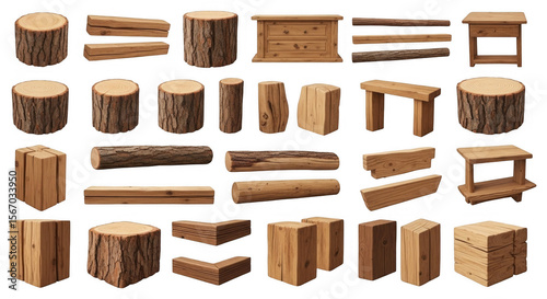 Collection of Various Wooden Logs and Blocks for Natural Decor or Craft Projects, isolated on a transparent background