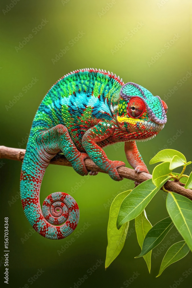 Fototapeta premium Colorful Panther Chameleon on Branch with vivid red, turquoise, and green patterns. Great for educational posters, wildlife books, eco campaigns, and tropical-themed designs.