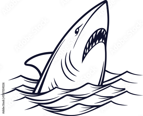 Powerful Shark Line Art Vector Illustration of a Great White Shark Emerging from the Ocean