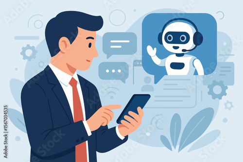 Businessman using smartphone to chat with an AI assistant. Artificial intelligence chatbot concept with a robot for online customer support, automated conversation and tech service.