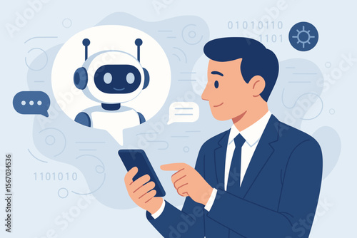 Businessman using smartphone with AI chatbot for online support. Artificial intelligence concept. Digital automated conversation assistant. Robot technology vector illustration.