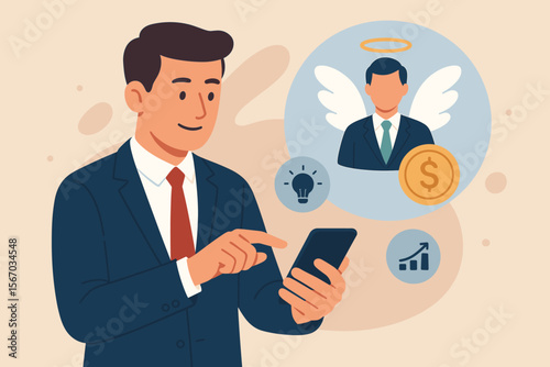 Angel investor concept. Businessman using smartphone to find business angel for startup funding. Informal investor, investment, founder, venture capital, seed money, financial support.
