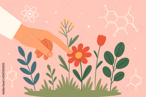 Biology science and nature research concept. Hand of a scientist touches flower. Plants, botany and biochemistry with molecule structure. Modern flat vector cartoon illustration.