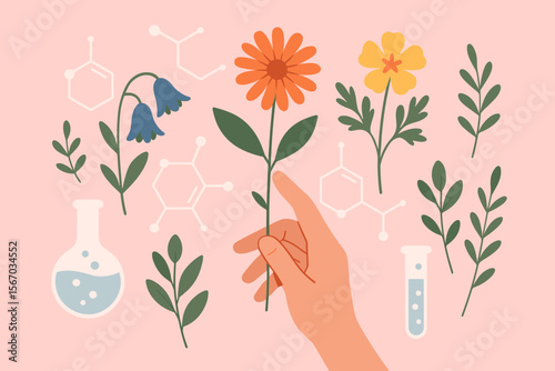 Biology research and botany science concept. Hand holding flower with lab flask and test tube. Organic chemistry, biochemistry molecular structure. Connection between nature and science.