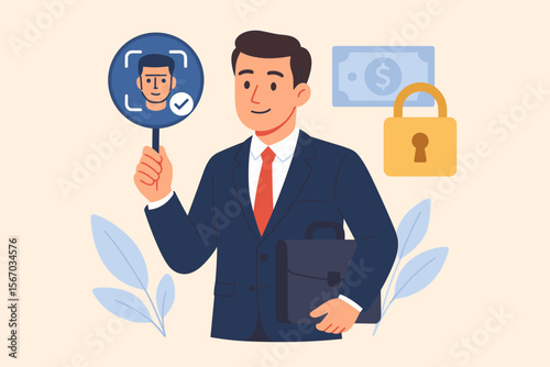 Businessman holding face ID symbol. Identity verification for financial security. Biometrics authentication for personal data access. Privacy protection technology. Vector concept.