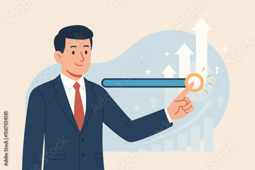 Increase value and business growth concept. Businessman touch virtual progress bar for performance improvement. Value added, investment return, financial development, success strategy.