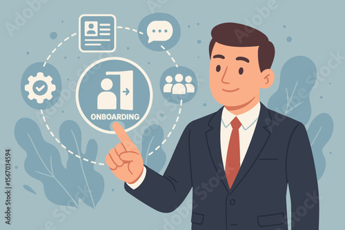 Virtual employee onboarding process. HR manager guiding new hire integration. Human resources concept with icons for training, team welcome, digital orientation workflow. Job start.