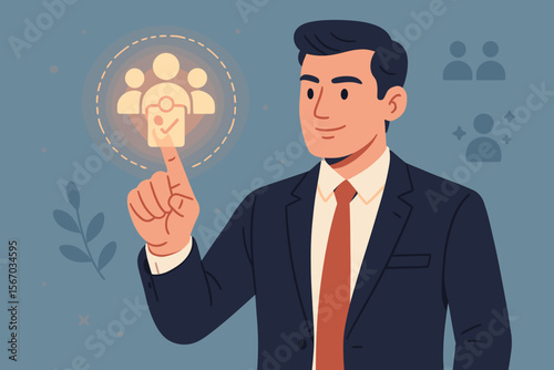 Businessman manager touching virtual onboarding icon. HR concept for new employee integration. Recruitment, hiring process, and team adaptation. Vector career start illustration.