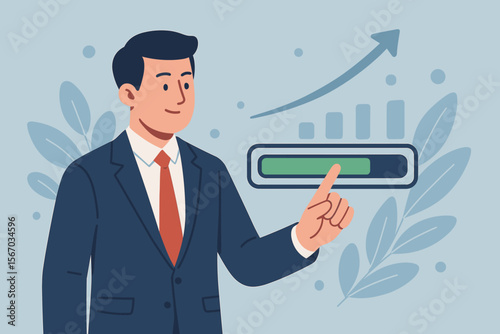 Value growth and business development concept. Businessman with a progress bar and growth chart. Metaphor for increasing value, financial success, corporate strategy, and investment.