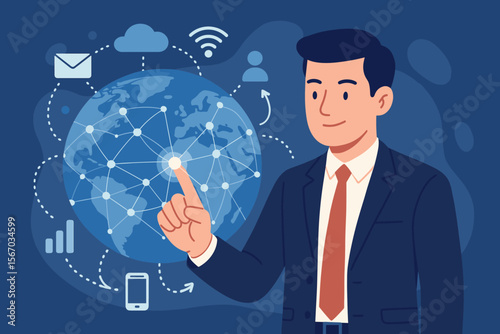 Businessman touching global network and data exchanges connection. Communication technology for internet business. Social media. Internet of things and futuristic technology concept.