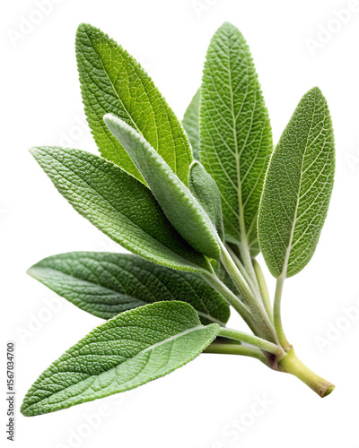 Macro close-up of a fresh green sage sprig with detailed texture and veins isolated on a transparent background