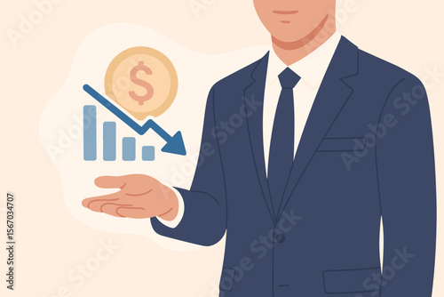 Cost reduction business finance concept. Budget management and cost control. Optimization strategy. Economic savings. Price decrease. Financial crisis. Down arrow chart. Recession.