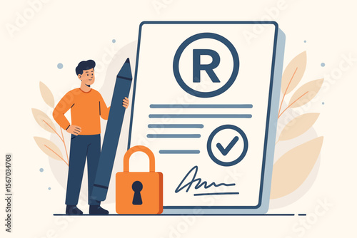 Intellectual property protection concept with author and legal document. Man with pen, registered trademark symbol, and padlock. Copyright, patent law, and brand ownership security.