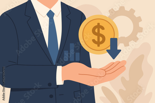 Cost reduction business finance concept. Budget management, optimization strategy for economic savings. Price drop, sale, crisis and recession metaphor. Man holding dollar coin.