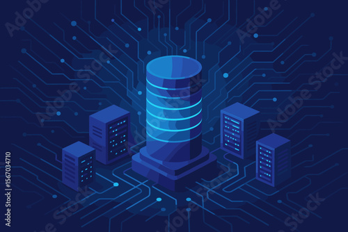 Data center server room isometric vector concept. Hosting database, big data storage, cloud computing technology. Digital information exchange, internet network connection background.