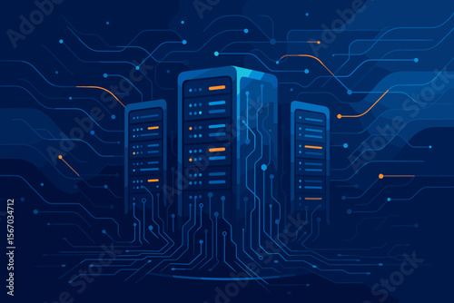 Data center server racks and hosting concept. Abstract big data internet server farm with digital connection. Futuristic circuit networking technology. Modern flat vector illustration.