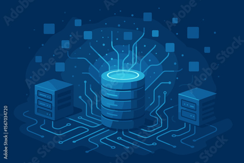 Futuristic data center and internet server concept. Digital data connection, information exchange, and cloud computing technology. Big data storage and processing network background.